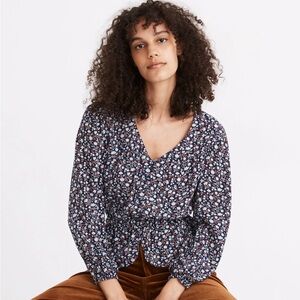 Madewell Silk Button-Front Peplum Top in Harvest Vine Deep Navy